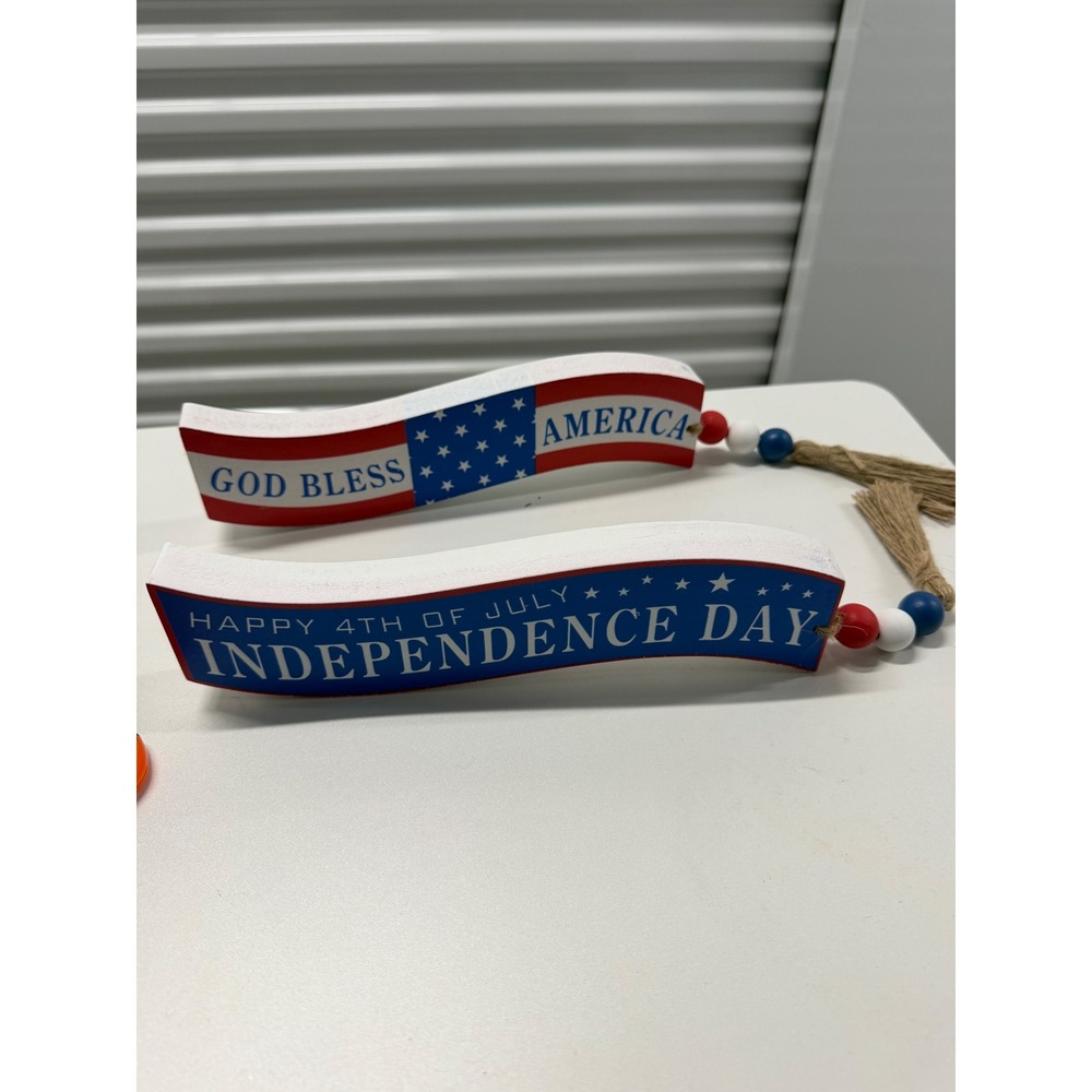 Patriotic 4th of July Wood Block Signs Set 2 God Bless America Independence Day